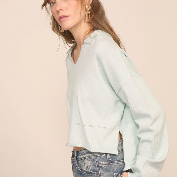 LUMIERE Light Mint Green Collared Pullover Sweatshirt Casual Chic Long Sleeve - Picture 5 of 6